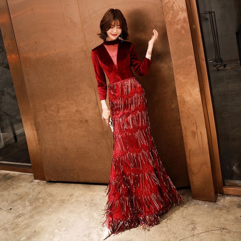 ロングドレス レディース 披露宴 イブニングドレス 七分袖 パーティードレス フリンジ マーメイドド