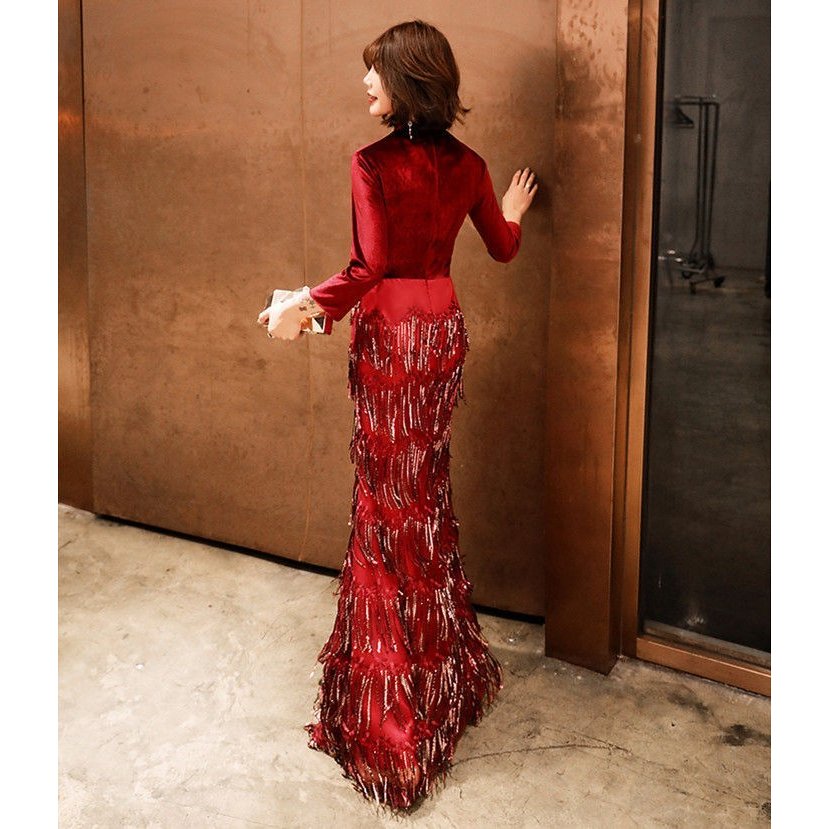 ロングドレス レディース 披露宴 イブニングドレス 七分袖 パーティードレス フリンジ マーメイドド