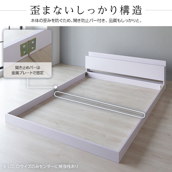 ベッド 低床 ロータイプ すのこ 木製 宮付き 棚付き コンセント付き シンプル グレイッシュ モダン ホワイト ダブル ボンネルコイルマットレス付き