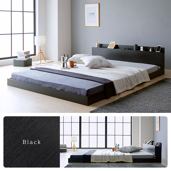ベッド 低床 ロータイプ すのこ 木製 宮付き 棚付き コンセント付き シンプル グレイッシュ モダン ホワイト ダブル ボンネルコイルマットレス付き