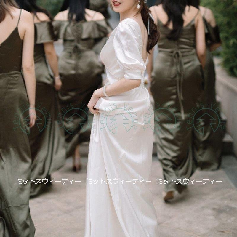 ウエディングドレス ロングドレス 二次会 花嫁 パーティドレス 結婚式 ウェディグドレス 白 サテン