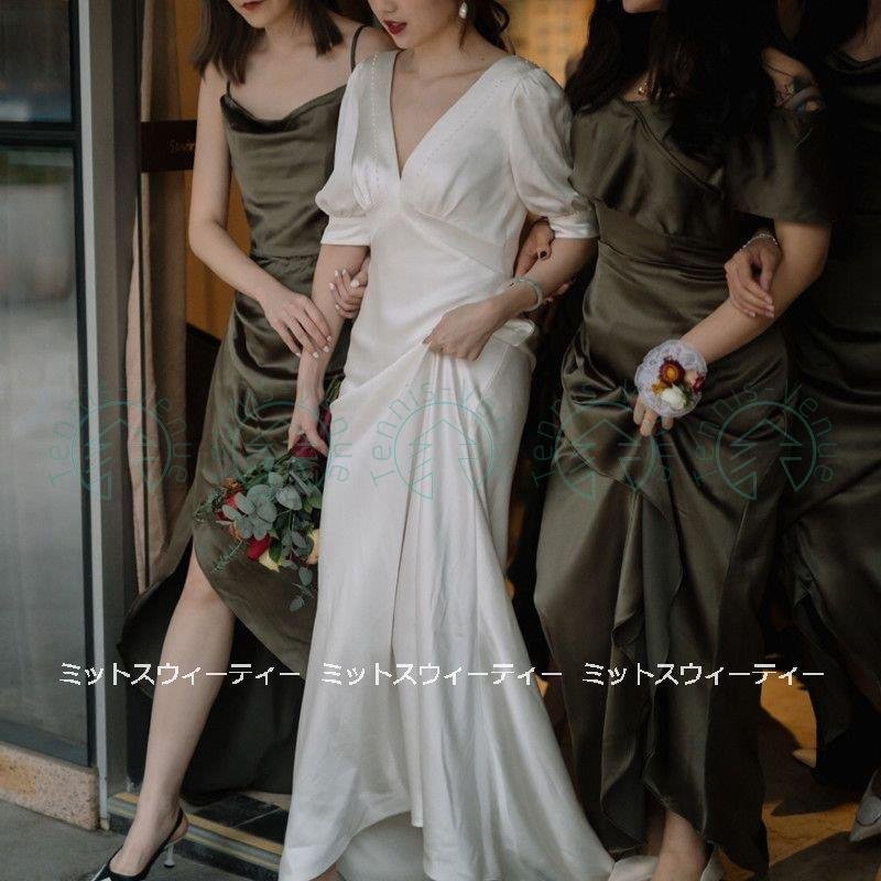 ウエディングドレス ロングドレス 二次会 花嫁 パーティドレス 結婚式 ウェディグドレス 白 サテン