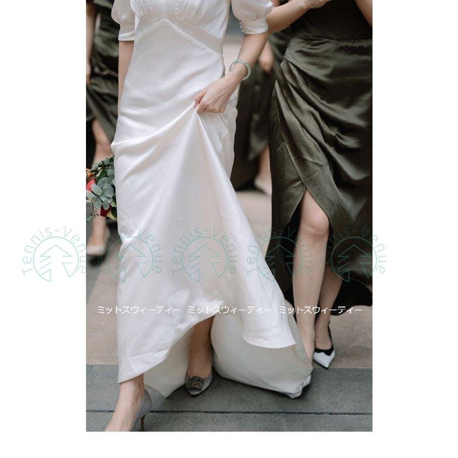 ウエディングドレス ロングドレス 二次会 花嫁 パーティドレス 結婚式 ウェディグドレス 白 サテン