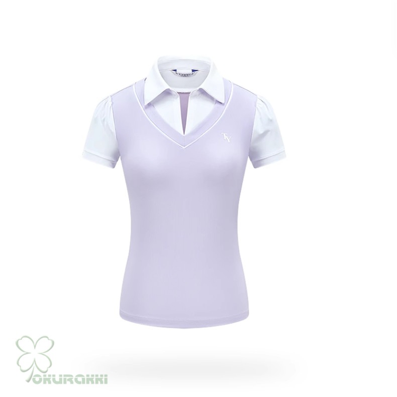 春夏新作 ゴルフ用 レディース 半袖Tシャツ 速乾 カレッジ風 Vネック フェイクツーピース スポーツトップス2506gfshirt04