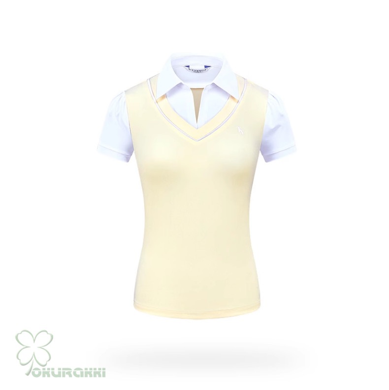 春夏新作 ゴルフ用 レディース 半袖Tシャツ 速乾 カレッジ風 Vネック フェイクツーピース スポーツトップス2506gfshirt04