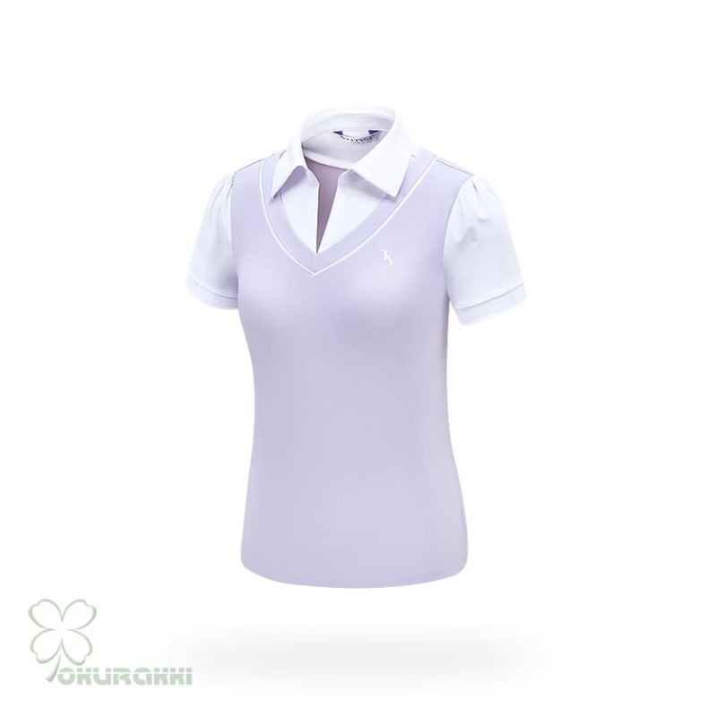 春夏新作 ゴルフ用 レディース 半袖Tシャツ 速乾 カレッジ風 Vネック フェイクツーピース スポーツトップス2506gfshirt04