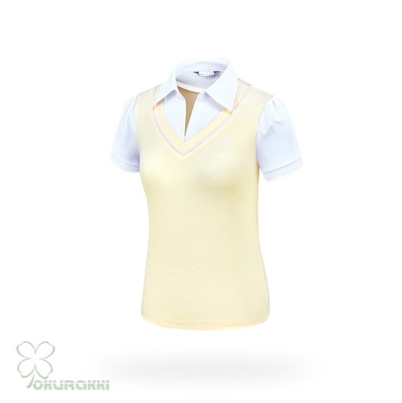 春夏新作 ゴルフ用 レディース 半袖Tシャツ 速乾 カレッジ風 Vネック フェイクツーピース スポーツトップス2506gfshirt04