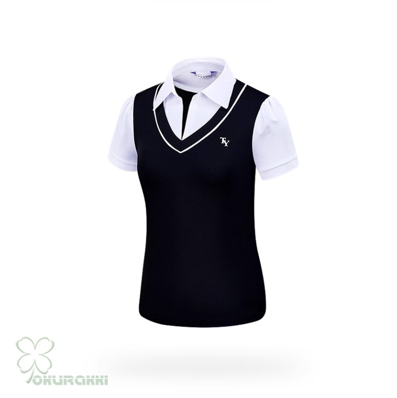 春夏新作 ゴルフ用 レディース 半袖Tシャツ 速乾 カレッジ風 Vネック フェイクツーピース スポーツトップス2506gfshirt04