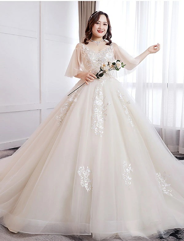 ウェディングドレス マーメイド 白 ライトシャンパン 大きいサイズ 袖あり 着痩せ ぽっちゃり 花嫁 結婚式 二次会 ドレス 編み上げタイプ レース ロングドレス トレーンドレス ウエディングドレス