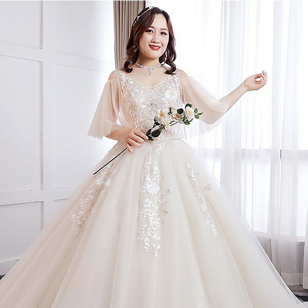 ウェディングドレス マーメイド 白 ライトシャンパン 大きいサイズ 袖あり 着痩せ ぽっちゃり 花嫁 結婚式 二次会 ドレス 編み上げタイプ レース ロングドレス トレーンドレス ウエディングドレス