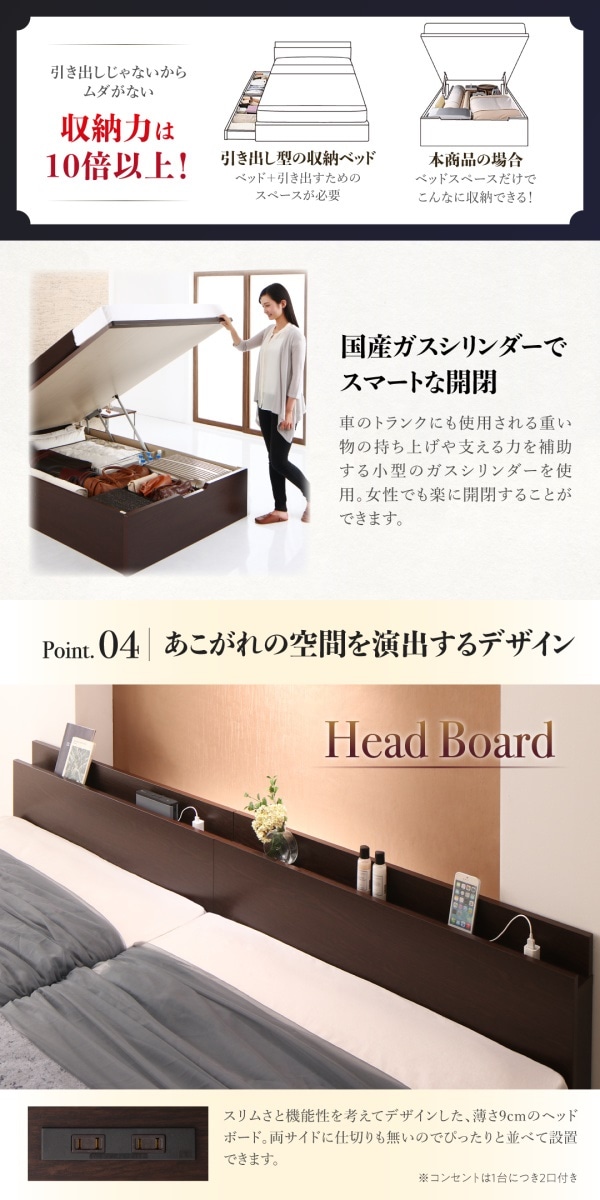 棚/コンセント付き 国産 大型跳ね上げ収納ベッド [ランデルッツ] [薄型プレミアムボンネルコイルマットレス付き] 縦開き ワイドK200（Sx2） [フレーム色]ダークブラウン