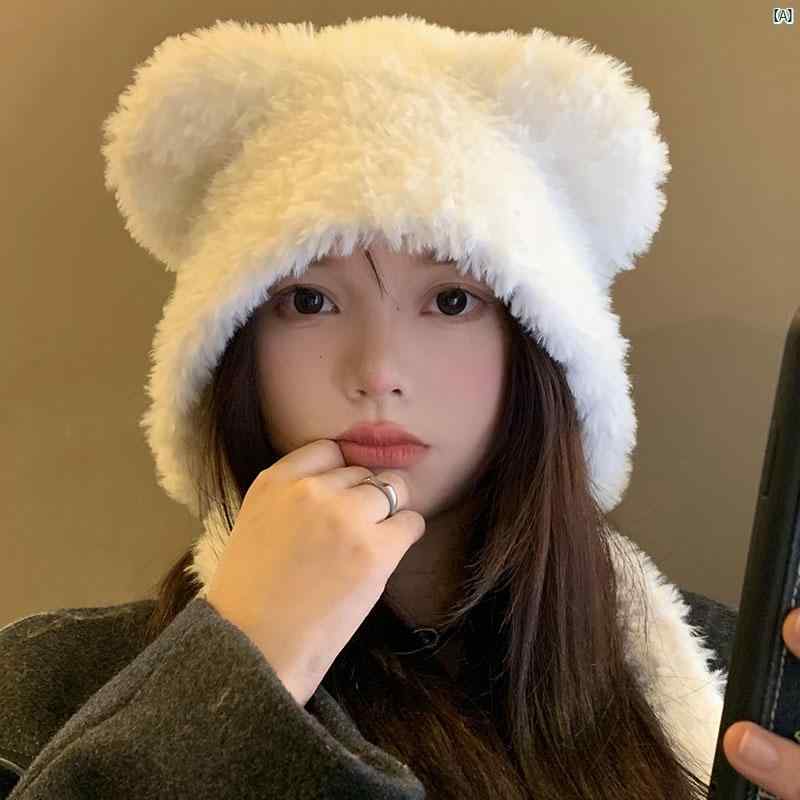 レディースファッション　ファッション小物　オシャレ ぬいぐるみ クマ 耳 ビーニー ハット 秋冬 かわいい 顔 小柄 ニット 帽 大きい頭囲 暖かい 耳保護 帽子