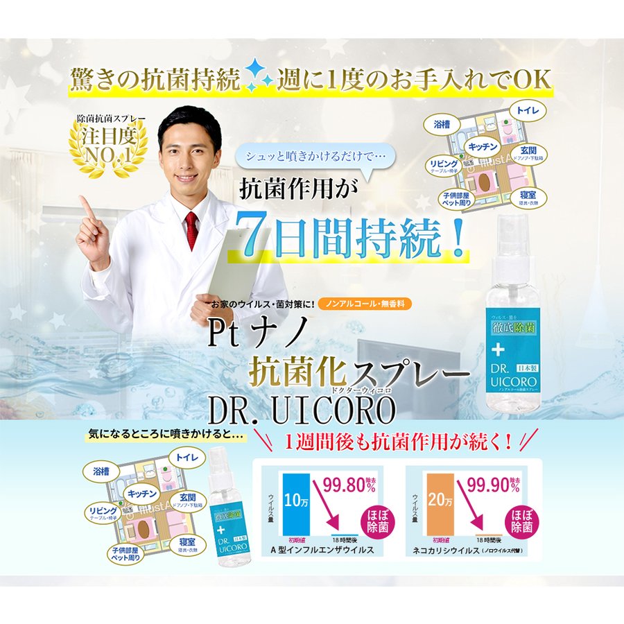 20個+2個オマケ（22個お届け）強力ウィルス対策　DR.UICCORO ドクターウィコロ 除菌剤 ノンアルコール除菌スプレー 感染予防 携帯用（抗菌 殺菌 除菌 黴菌 マスクに）身を守