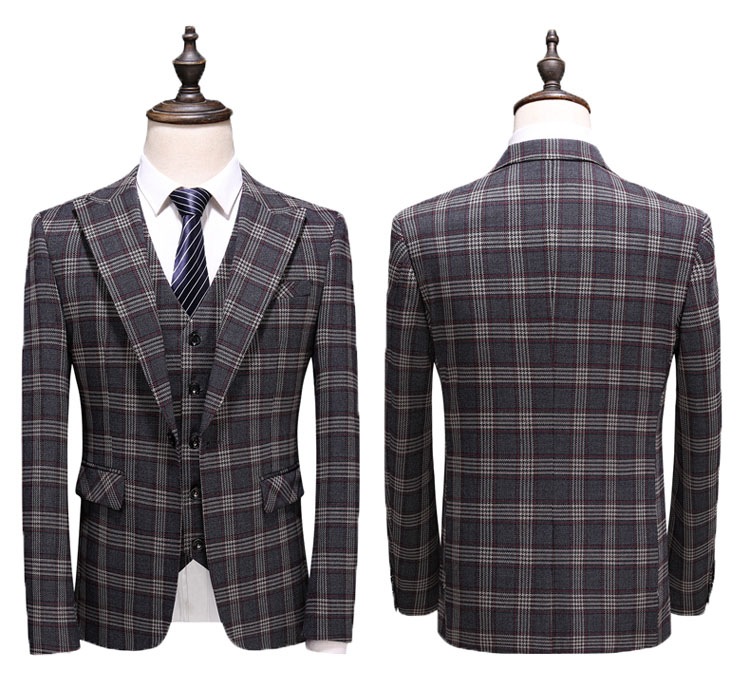 成人式 スリーピーススーツメンズ春夏春物チェック柄スーツメンズ スリーピーススーツメンズダブルスーツメンズチェックグレーベスト付き 入学式 スリーピーススーツ3ピーススーツ大きいサイズ 男性男の子
