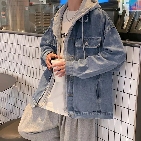 Qoo10] 2 重ね着風 長袖 フード付き デニムジ