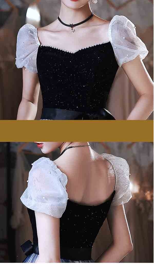 ドレス 大人 ピアノ 発表会 ロングドレス 演奏会 パーティードレス ロングドレス 演奏会 袖あり ドレス バイカラー 透け感 成人式 同窓会 大人 ピアノ 発表会 Aライン 結婚式 ステージドレス