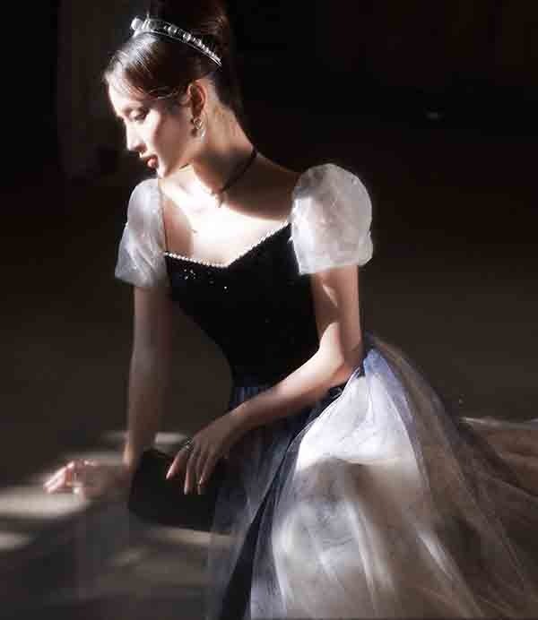 ドレス 大人 ピアノ 発表会 ロングドレス 演奏会 パーティードレス ロングドレス 演奏会 袖あり ドレス バイカラー 透け感 成人式 同窓会 大人 ピアノ 発表会 Aライン 結婚式 ステージドレス