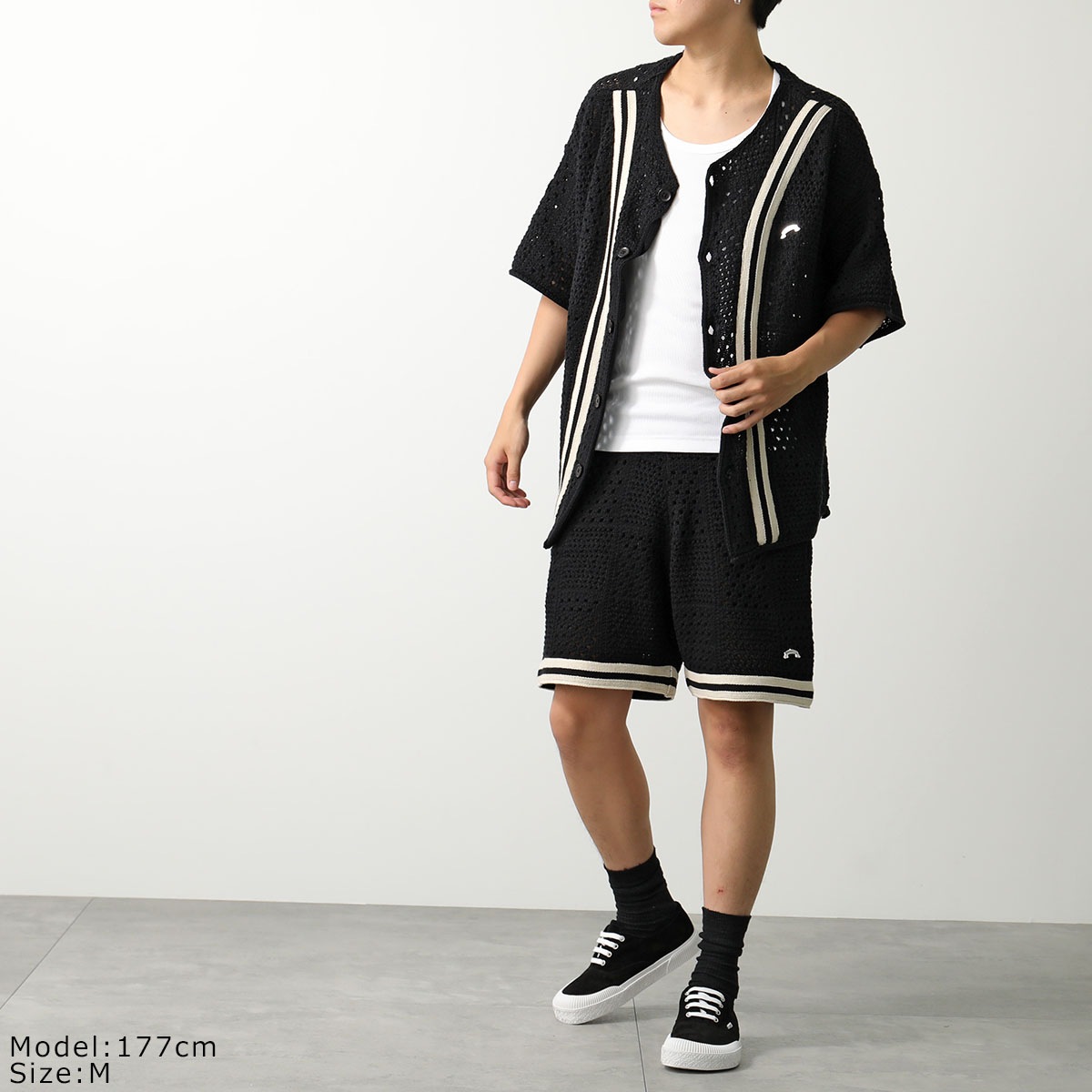 ASKYURSELF アスクユアセルフ カーディガン BANNED KNIT BASEBALL SHIRT メンズ ニット かぎ針編み 五分袖 コットン カラー ASKYURSELF アスクユアセルフ カーディガン BANNED KNIT BASEBALL SHIRT メンズ ニット かぎ針編み 五分袖 コットン カラー