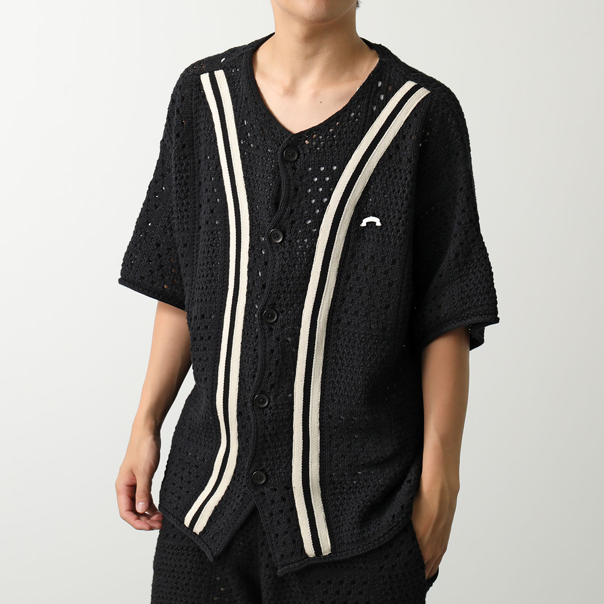 ASKYURSELF アスクユアセルフ カーディガン BANNED KNIT BASEBALL SHIRT メンズ ニット かぎ針編み 五分袖 コットン カラー ASKYURSELF アスクユアセルフ カーディガン BANNED KNIT BASEBALL SHIRT メンズ ニット かぎ針編み 五分袖 コットン カラー