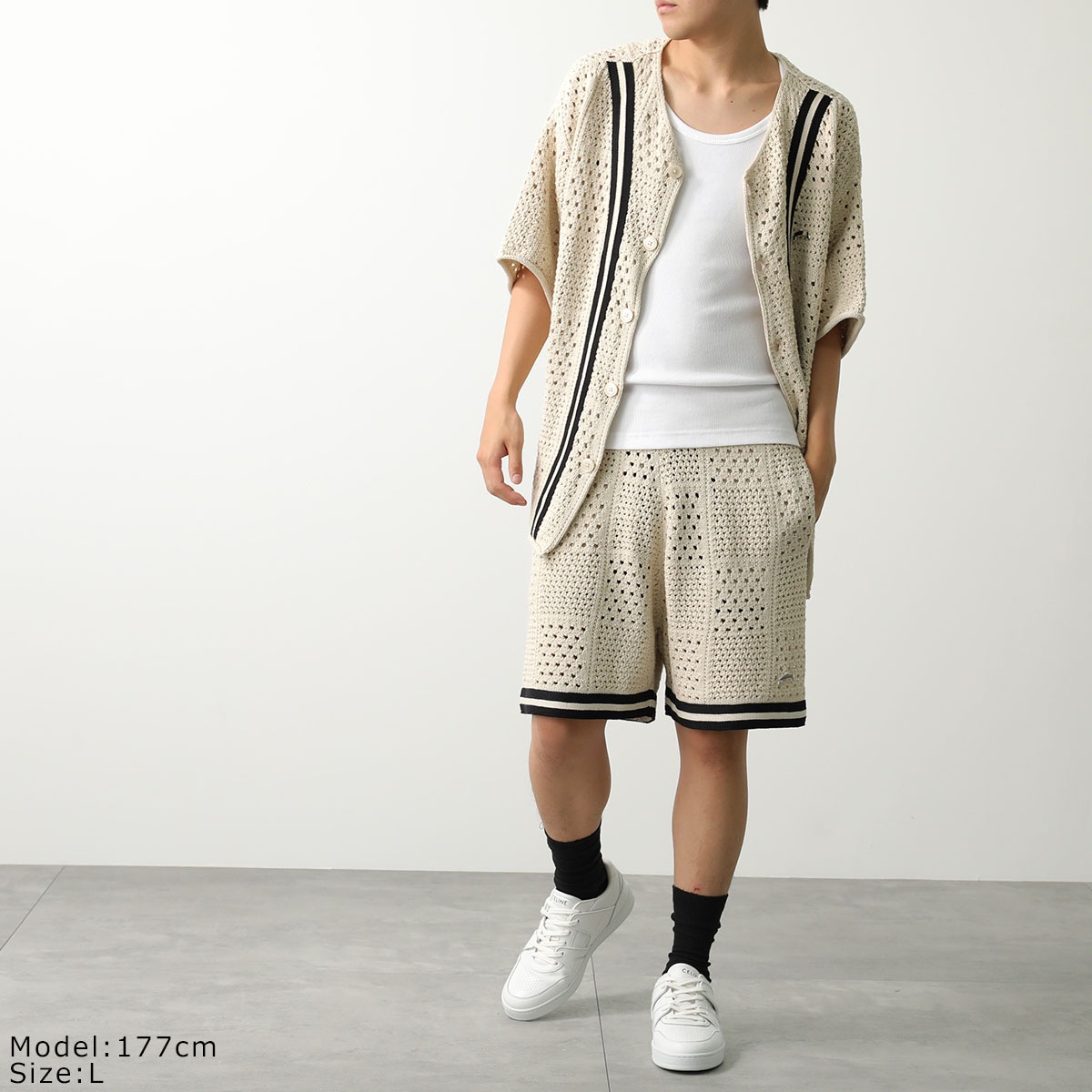 ASKYURSELF アスクユアセルフ カーディガン BANNED KNIT BASEBALL SHIRT メンズ ニット かぎ針編み 五分袖 コットン カラー ASKYURSELF アスクユアセルフ カーディガン BANNED KNIT BASEBALL SHIRT メンズ ニット かぎ針編み 五分袖 コットン カラー