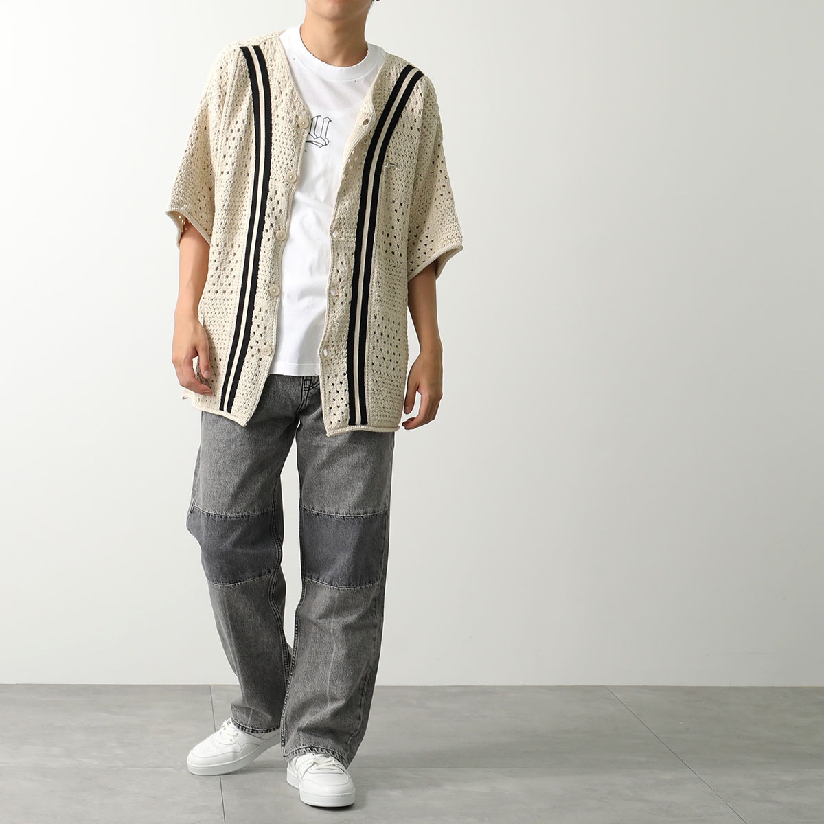 ASKYURSELF アスクユアセルフ カーディガン BANNED KNIT BASEBALL SHIRT メンズ ニット かぎ針編み 五分袖 コットン カラー ASKYURSELF アスクユアセルフ カーディガン BANNED KNIT BASEBALL SHIRT メンズ ニット かぎ針編み 五分袖 コットン カラー