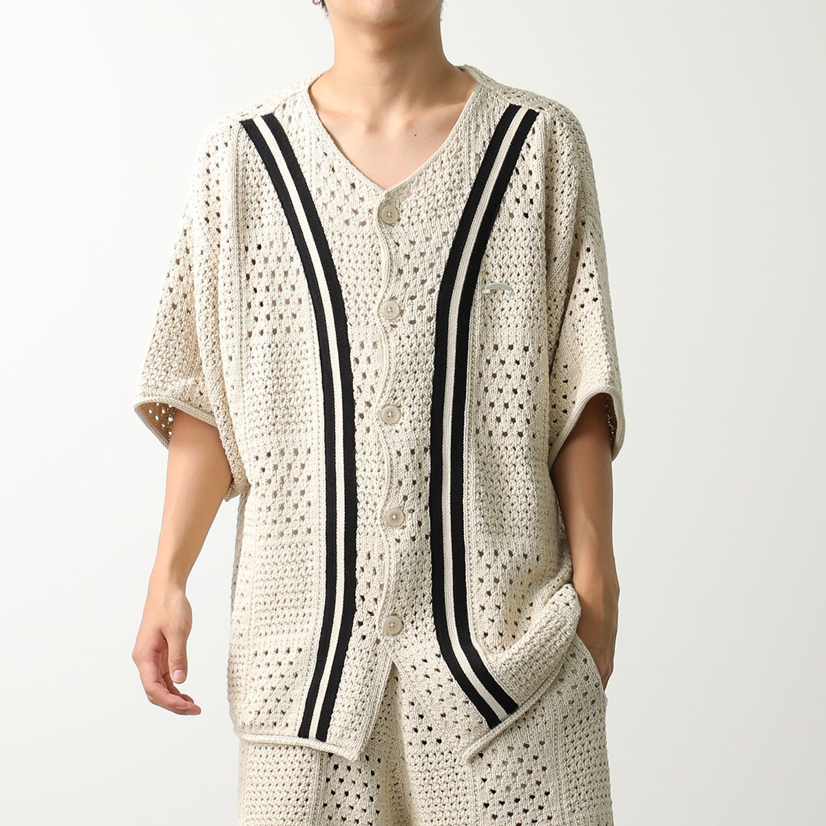 ASKYURSELF アスクユアセルフ カーディガン BANNED KNIT BASEBALL SHIRT メンズ ニット かぎ針編み 五分袖 コットン カラー ASKYURSELF アスクユアセルフ カーディガン BANNED KNIT BASEBALL SHIRT メンズ ニット かぎ針編み 五分袖 コットン カラー