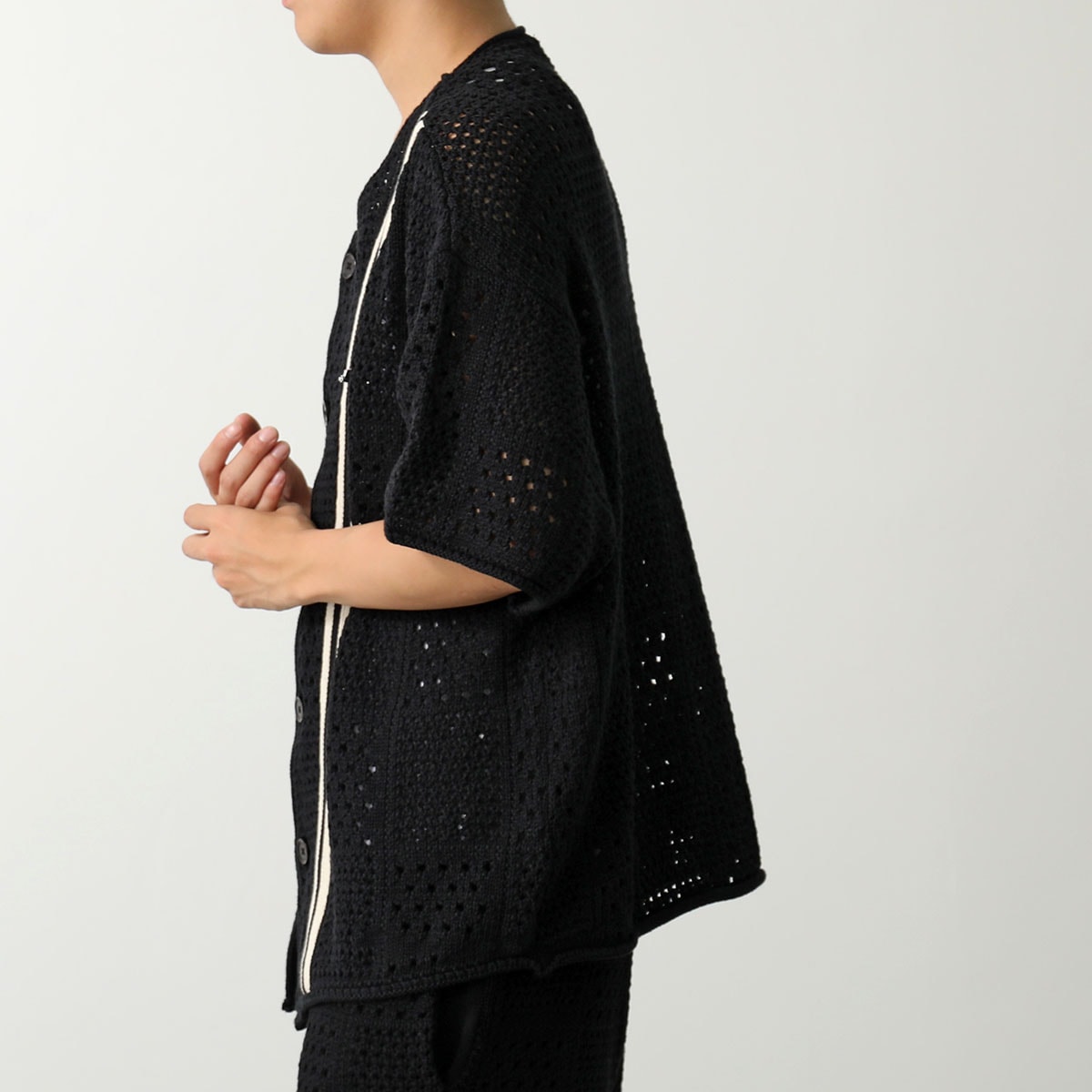 ASKYURSELF アスクユアセルフ カーディガン BANNED KNIT BASEBALL SHIRT メンズ ニット かぎ針編み 五分袖 コットン カラー ASKYURSELF アスクユアセルフ カーディガン BANNED KNIT BASEBALL SHIRT メンズ ニット かぎ針編み 五分袖 コットン カラー