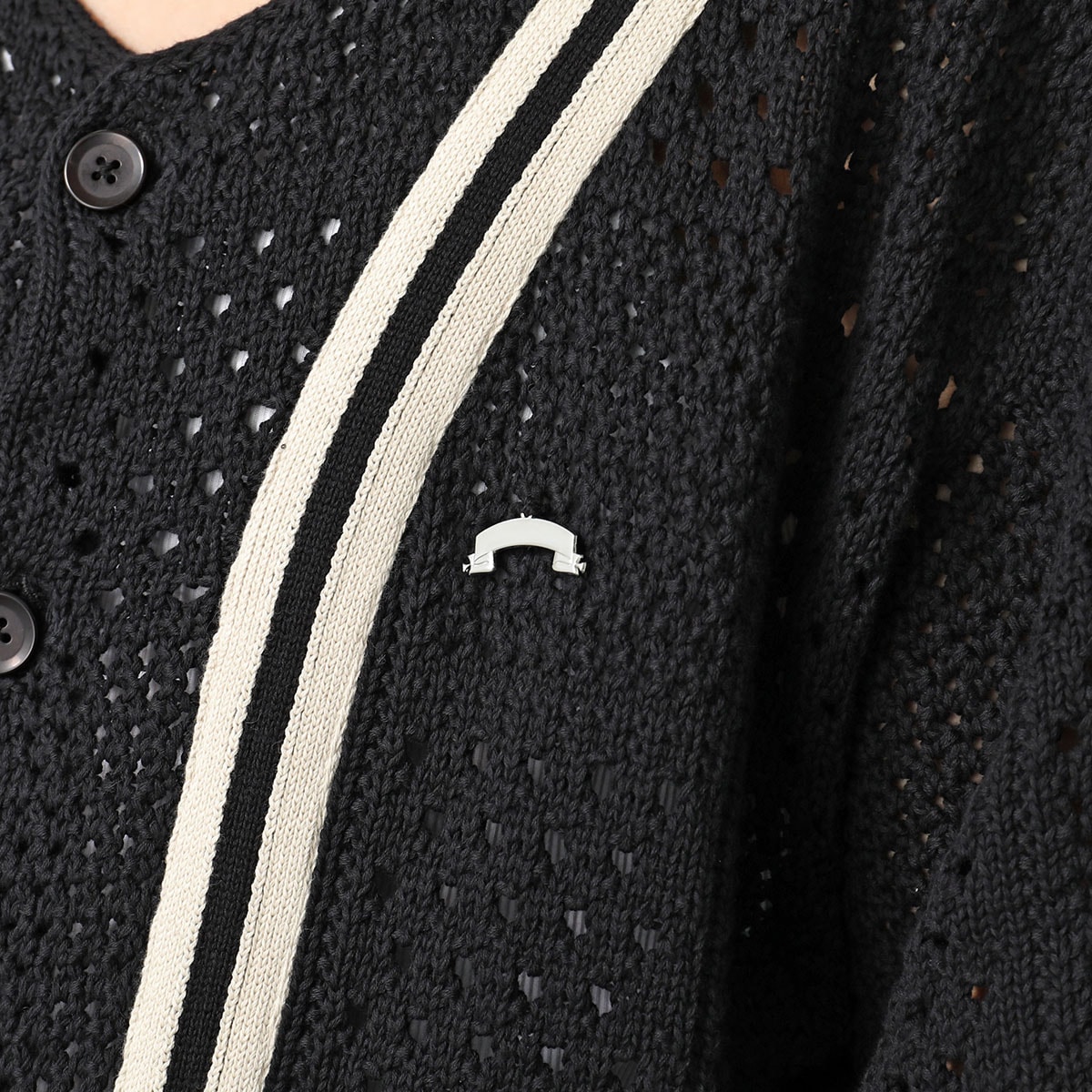 ASKYURSELF アスクユアセルフ カーディガン BANNED KNIT BASEBALL SHIRT メンズ ニット かぎ針編み 五分袖 コットン カラー ASKYURSELF アスクユアセルフ カーディガン BANNED KNIT BASEBALL SHIRT メンズ ニット かぎ針編み 五分袖 コットン カラー