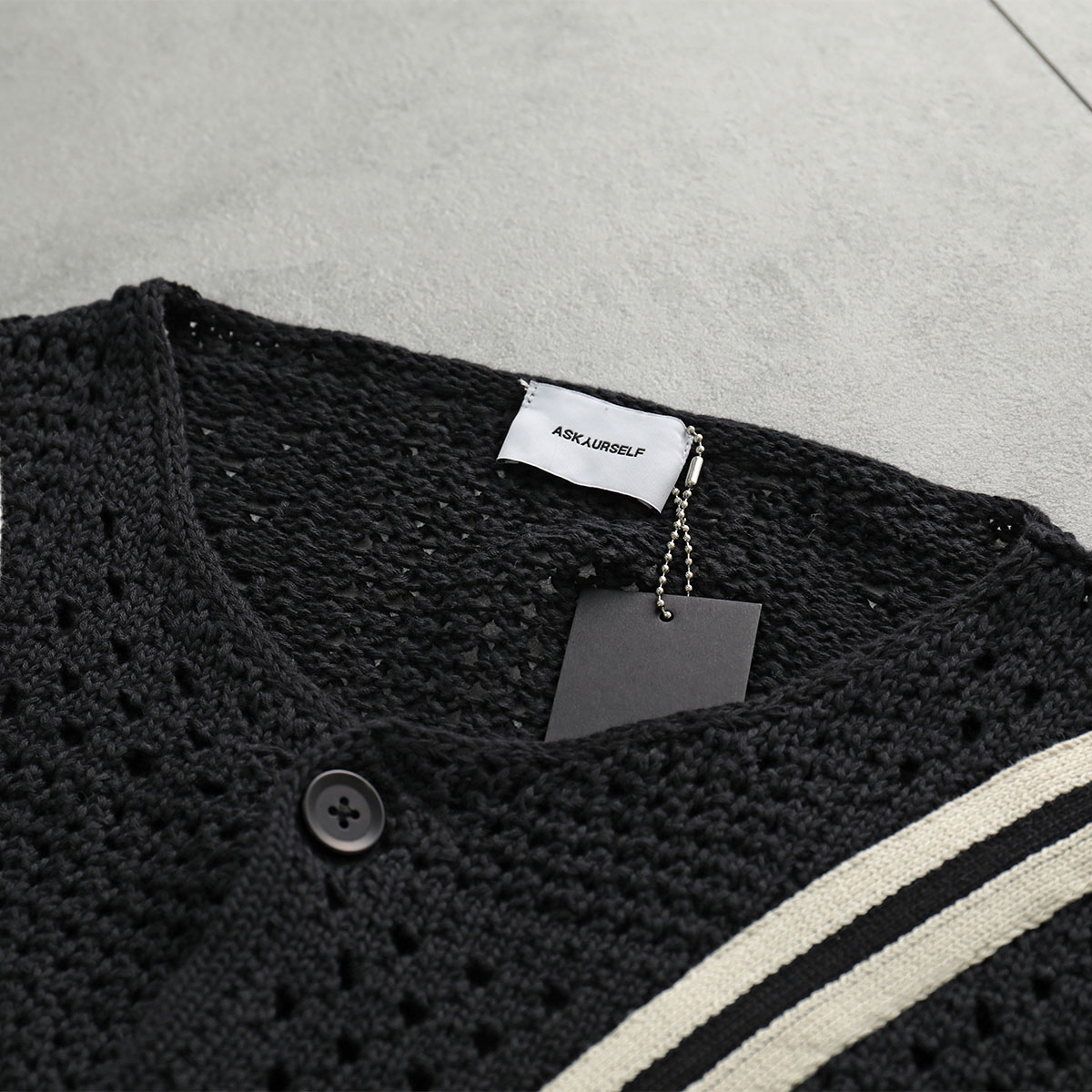 ASKYURSELF アスクユアセルフ カーディガン BANNED KNIT BASEBALL SHIRT メンズ ニット かぎ針編み 五分袖 コットン カラー ASKYURSELF アスクユアセルフ カーディガン BANNED KNIT BASEBALL SHIRT メンズ ニット かぎ針編み 五分袖 コットン カラー