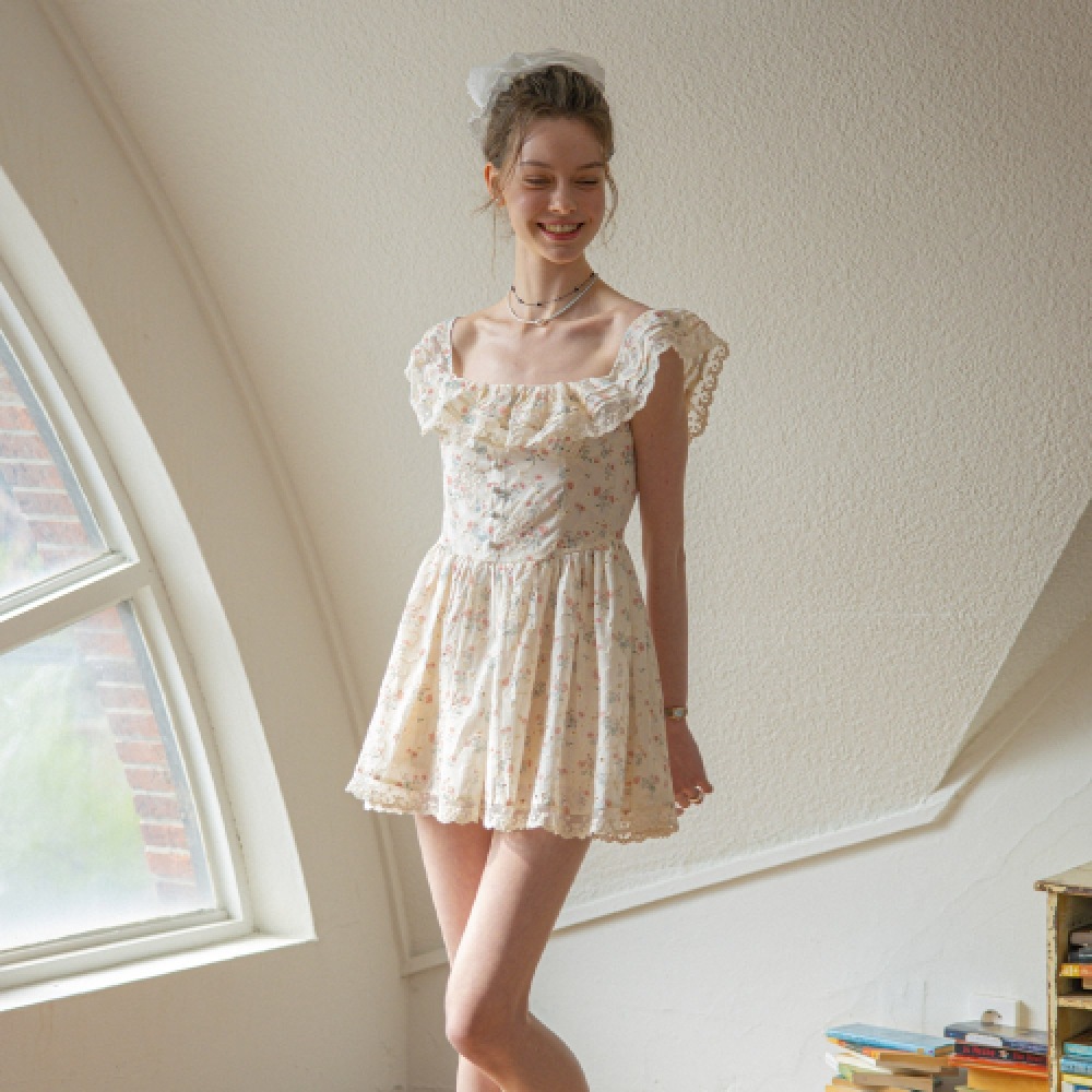 正規品　フラワー レース ボートネック 袖なしミニ・膝丈ワンピ [ホワイト］ 正規品 フラワー レース ボートネック 袖なしミニ・膝丈ワンピ