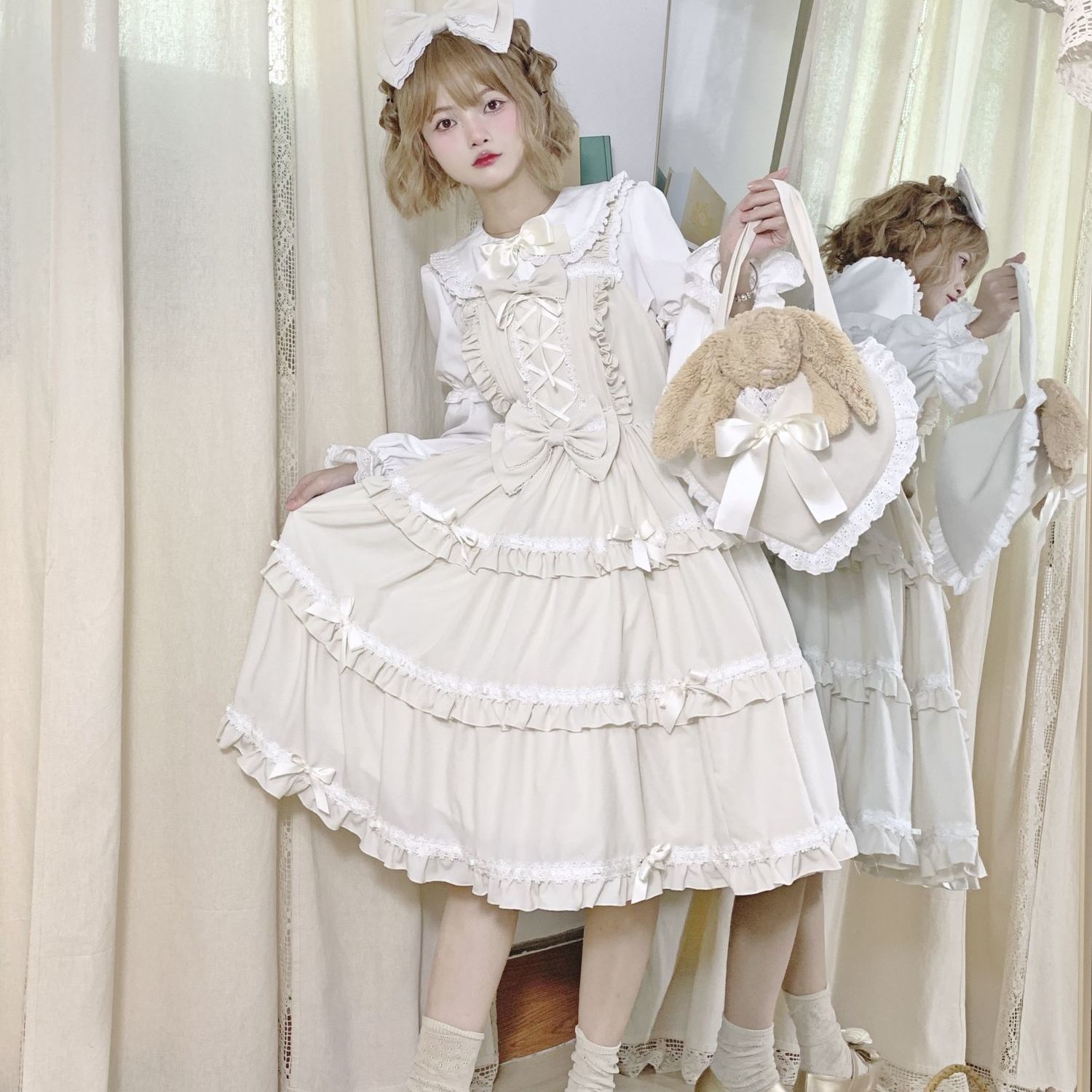 スイートクリームLoliitaスカート夏 洋風 少女ロリータワンピース日常可愛いメイド服 JSKワンピース スイートクリームLoliitaスカート夏 洋風 少女ロリータワンピース日常可愛いメイド服 JSKワンピース