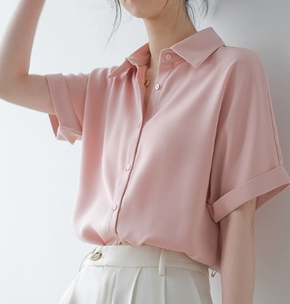 レディース トップス シャツ 半袖 折り返し袖 襟付き 角襟 ストレート かわいい 大人可愛い シンプル カジュアル 上品 おしゃれ かっこいい レトロ メンズライク ボーイッシュ ベーシック 清潔感