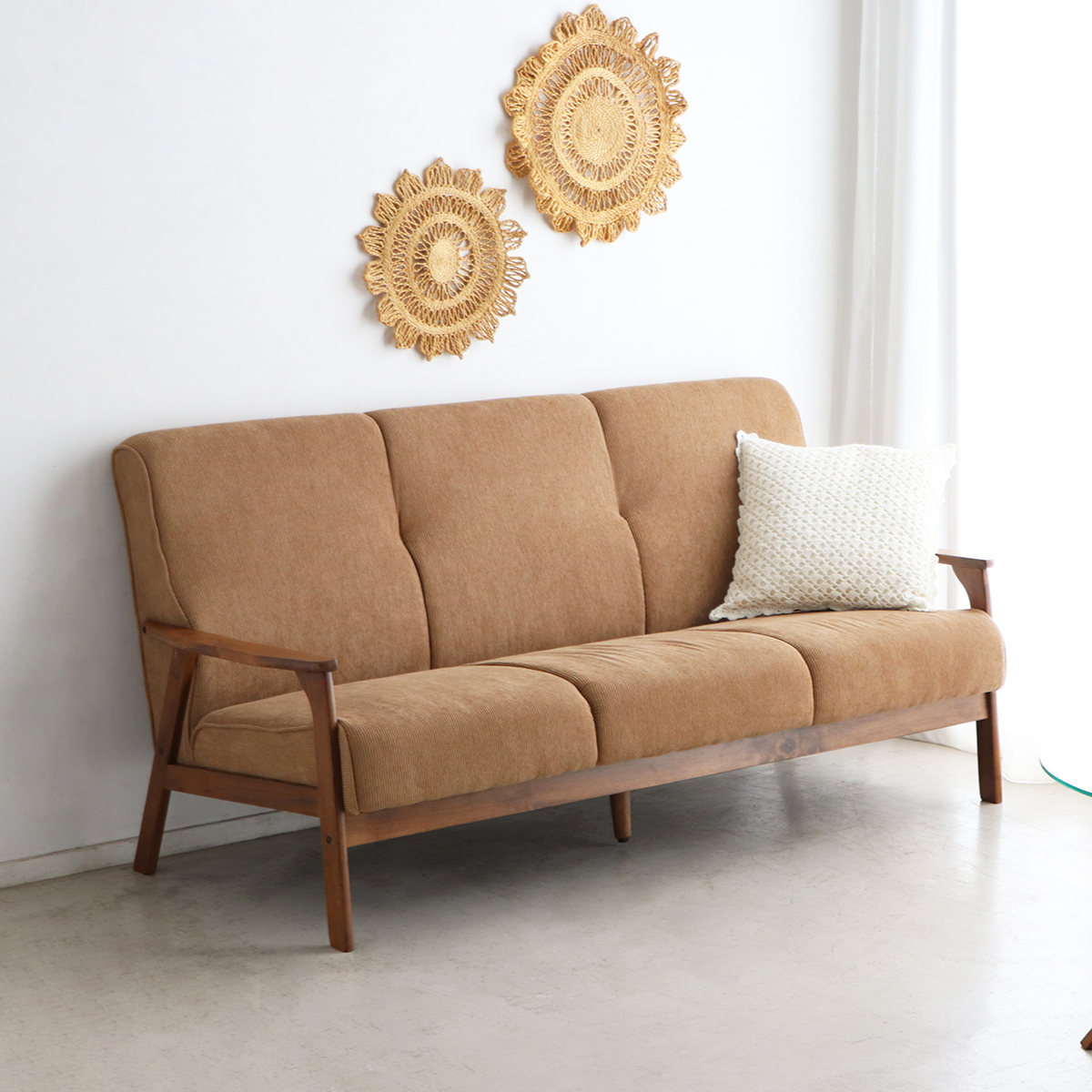 ソファ 3人掛け 天然木肘付き コーデュロイ カントリー調 幅170cm 三人用 3人用 ソファー 木製フレーム 肘付き 肘掛 北欧風 おしゃれ ナチュラル