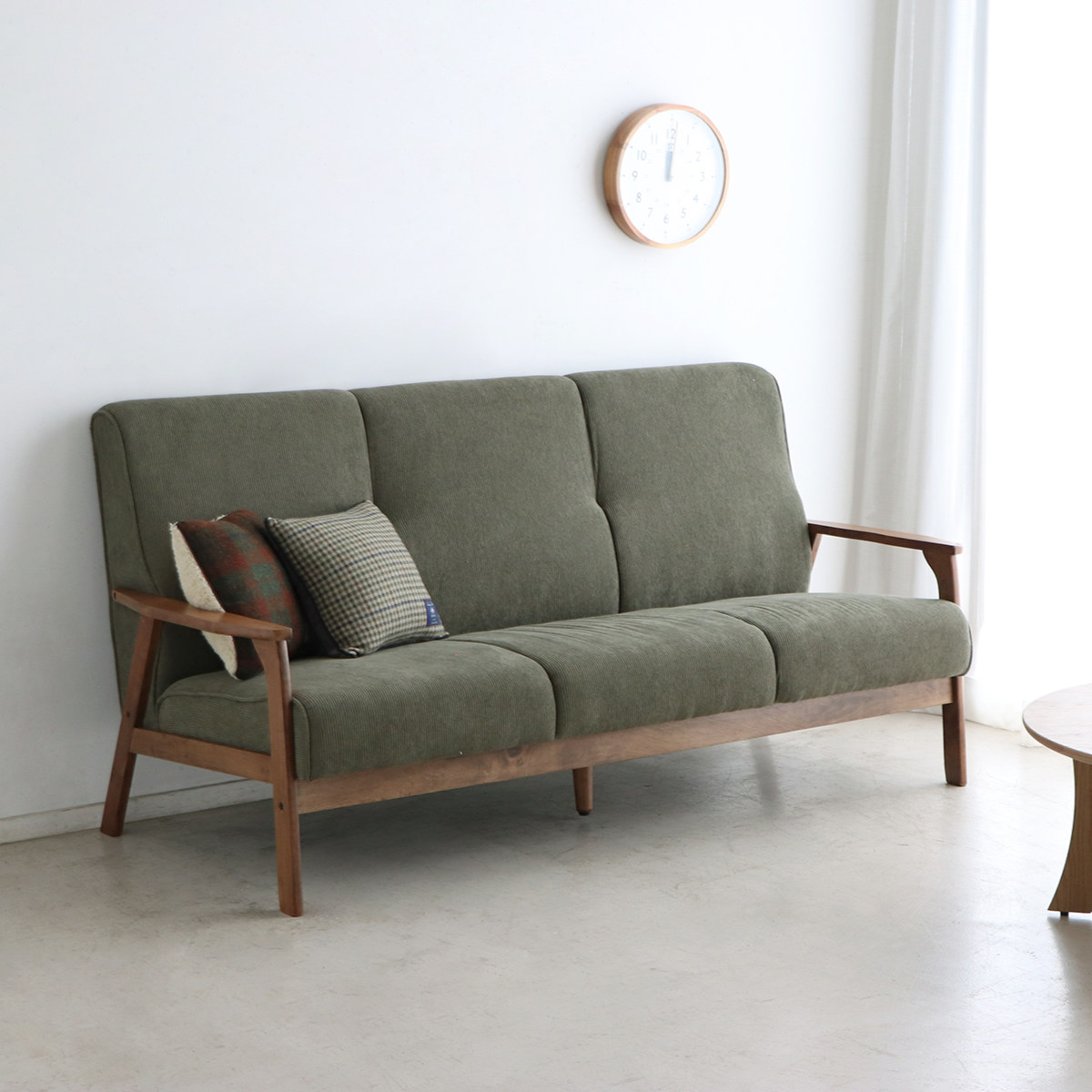 ソファ 3人掛け 天然木肘付き コーデュロイ カントリー調 幅170cm 三人用 3人用 ソファー 木製フレーム 肘付き 肘掛 北欧風 おしゃれ ナチュラル