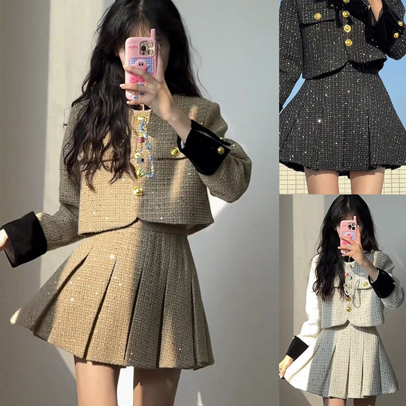 セットアップ 韓国ファッション 春秋冬ジャケット涼しく楽ちんセットアップカレッジスタイルシャオシャンプリーツスカートスーツ厚みのある春秋冬のホットガール気質フレンチスタイルドールカラーショートウールジ