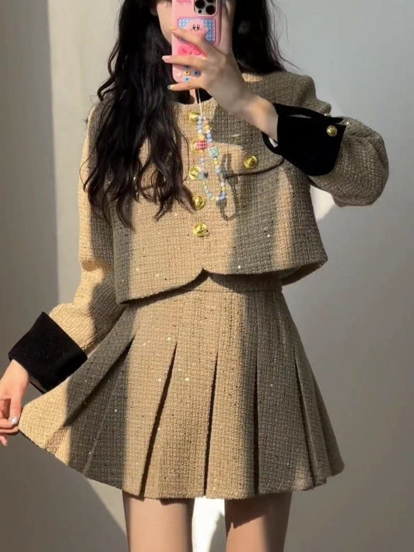 セットアップ 韓国ファッション 春秋冬ジャケット涼しく楽ちんセットアップカレッジスタイルシャオシャンプリーツスカートスーツ厚みのある春秋冬のホットガール気質フレンチスタイルドールカラーショートウールジ