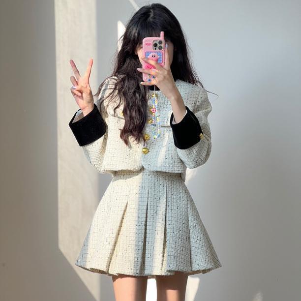セットアップ 韓国ファッション 春秋冬ジャケット涼しく楽ちんセットアップカレッジスタイルシャオシャンプリーツスカートスーツ厚みのある春秋冬のホットガール気質フレンチスタイルドールカラーショートウールジ