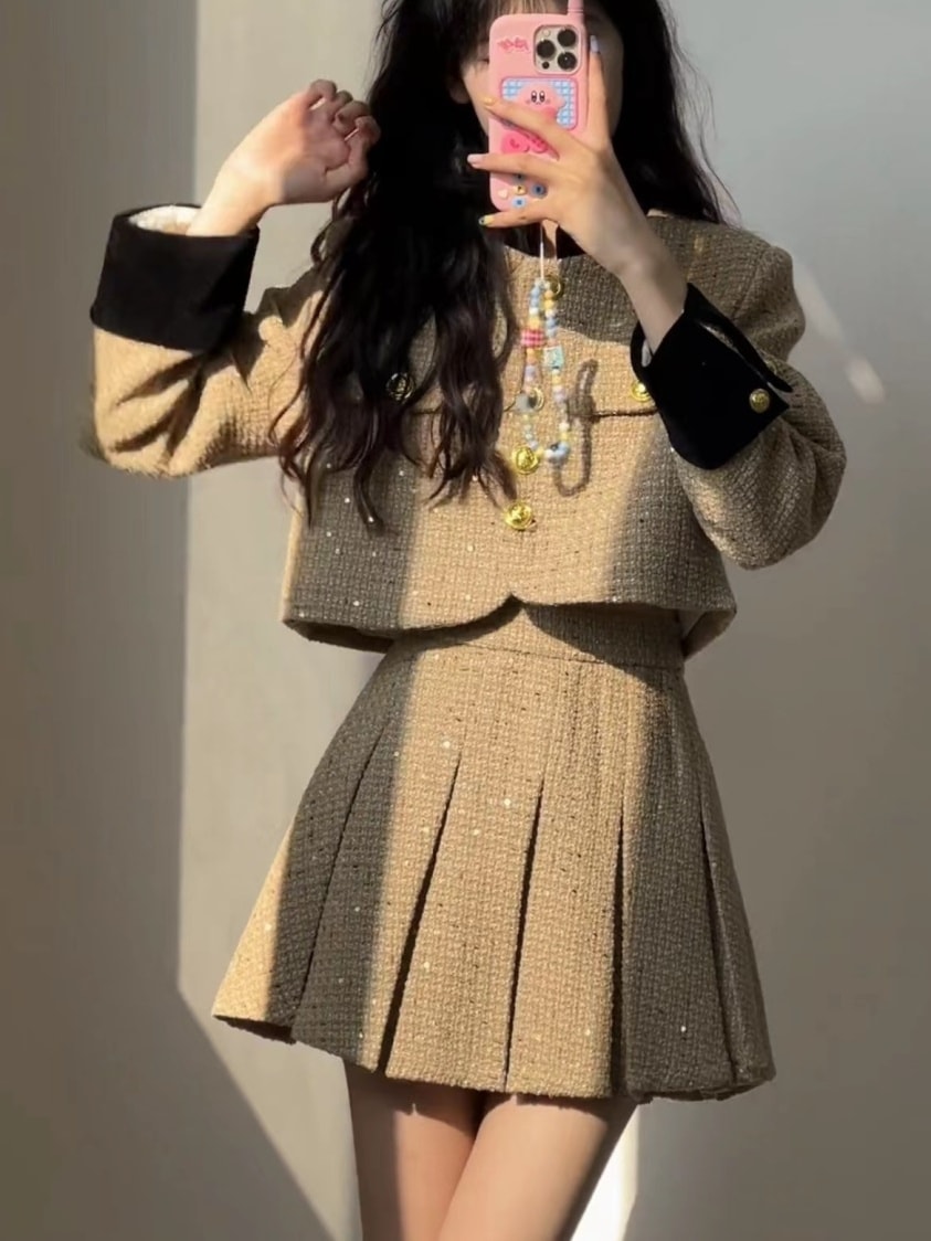セットアップ 韓国ファッション 春秋冬ジャケット涼しく楽ちんセットアップカレッジスタイルシャオシャンプリーツスカートスーツ厚みのある春秋冬のホットガール気質フレンチスタイルドールカラーショートウールジ