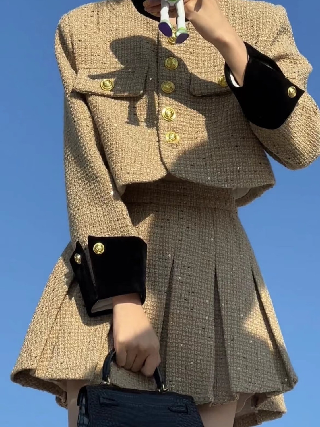 セットアップ 韓国ファッション 春秋冬ジャケット涼しく楽ちんセットアップカレッジスタイルシャオシャンプリーツスカートスーツ厚みのある春秋冬のホットガール気質フレンチスタイルドールカラーショートウールジ