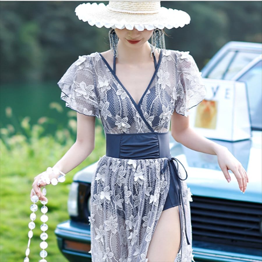 水着 3色 モノキニビキニ ワンピース 2点セット レース 透け感 スカート 体系カバー バイカラー 大人可愛い エレガント系 きれいめ 夏 半袖 フレア袖 30代 40代 プール