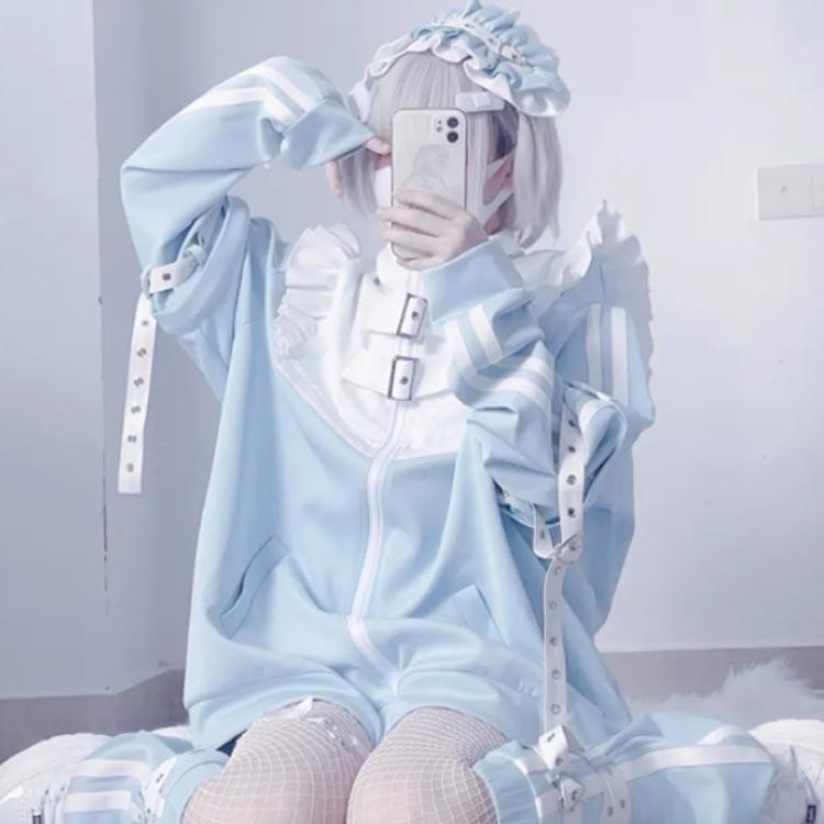 フリルジャケット レッグウォーマー ジャージ 衣装 メンズ 天使界隈 M 派手カワ 原宿 水色 パーカー 地雷系 サブカル 3点セット 原宿系 天使