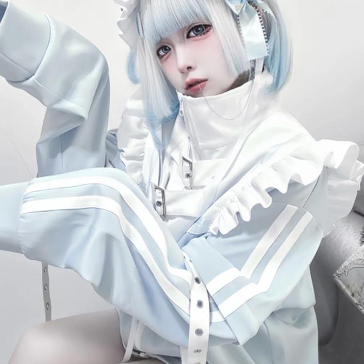 フリルジャケット レッグウォーマー ジャージ 衣装 メンズ 天使界隈 M 派手カワ 原宿 水色 パーカー 地雷系 サブカル 3点セット 原宿系 天使