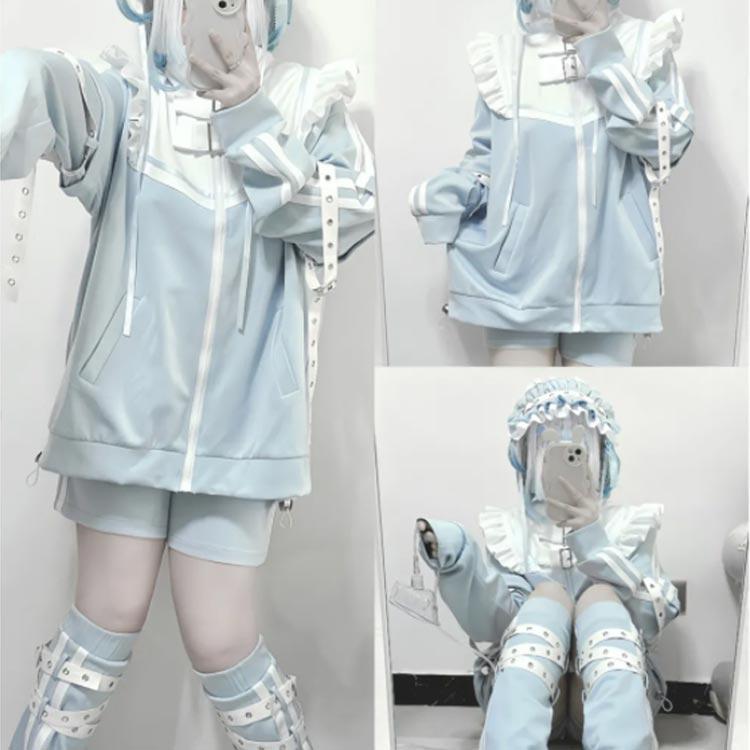 フリルジャケット レッグウォーマー ジャージ 衣装 メンズ 天使界隈 M 派手カワ 原宿 水色 パーカー 地雷系 サブカル 3点セット 原宿系 天使