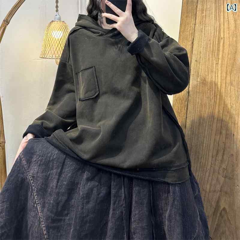 レディース カジュアル パーカー エキゾチック 冬 レトロ フライド カラー ダメージ 加工 フード付き ステッチ 女性用 ベルベット スウェットシャツ