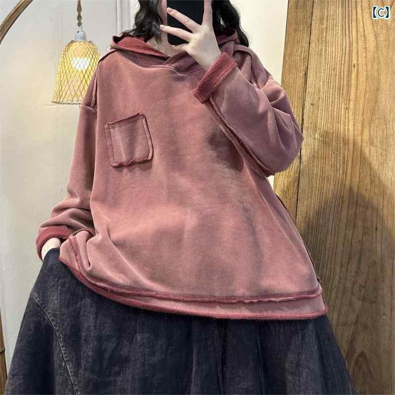 レディース カジュアル パーカー エキゾチック 冬 レトロ フライド カラー ダメージ 加工 フード付き ステッチ 女性用 ベルベット スウェットシャツ
