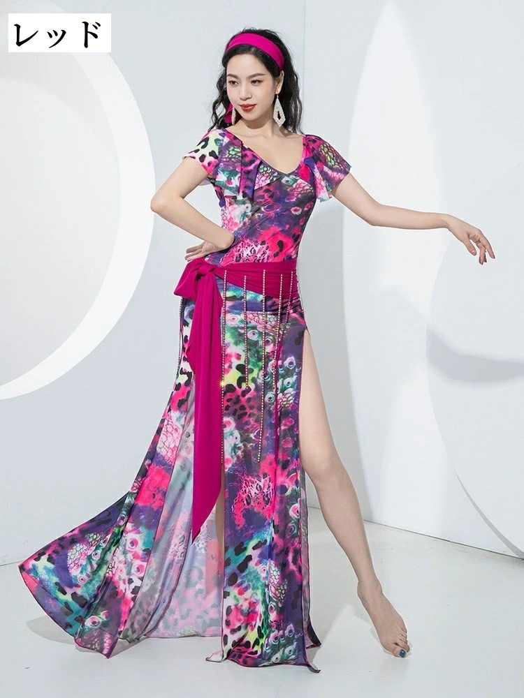 レディースベリーダンス衣装 優雅 4点セット 半袖ヘアバンド ベルト 安全パンツ付き フェイクダイヤモンド フリル袖 大人用ダンスドレス レディース エレガント キラキラ レッスン着 競技着 おしゃ