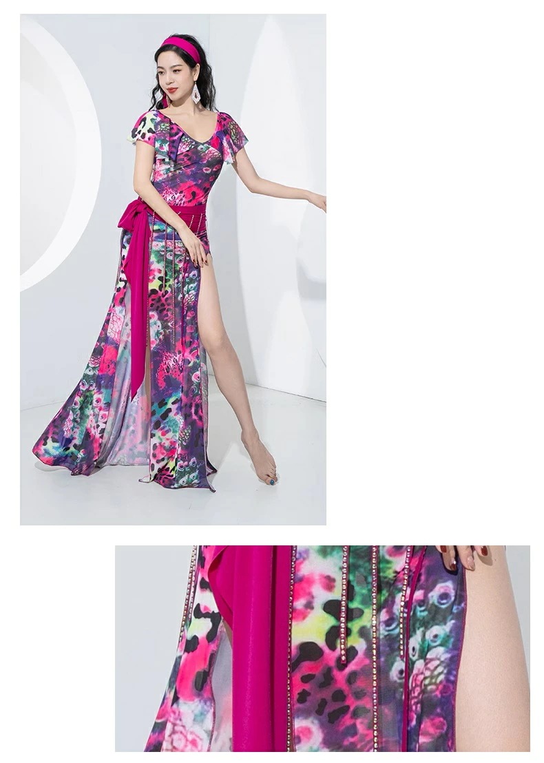 レディースベリーダンス衣装 優雅 4点セット 半袖ヘアバンド ベルト 安全パンツ付き フェイクダイヤモンド フリル袖 大人用ダンスドレス レディース エレガント キラキラ レッスン着 競技着 おしゃ