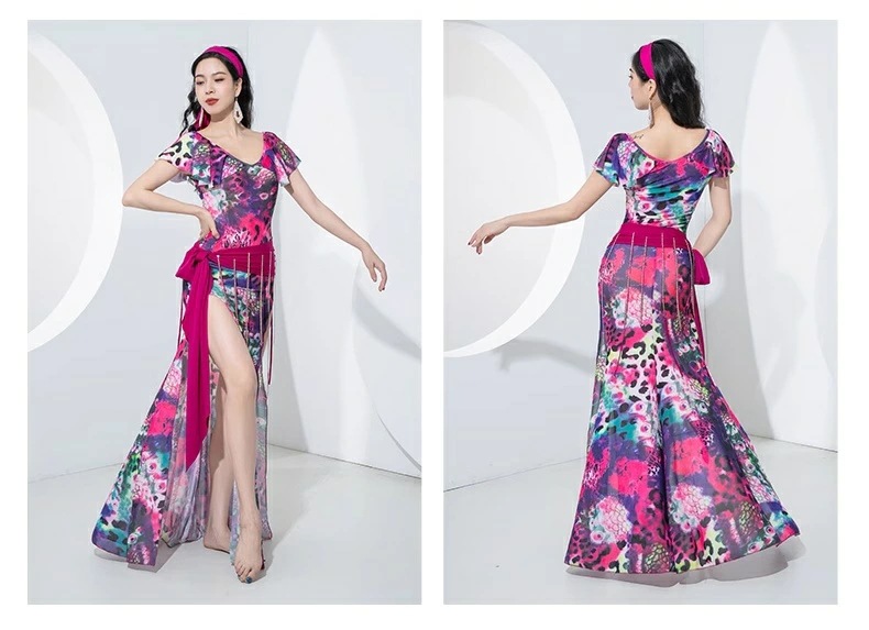 レディースベリーダンス衣装 優雅 4点セット 半袖ヘアバンド ベルト 安全パンツ付き フェイクダイヤモンド フリル袖 大人用ダンスドレス レディース エレガント キラキラ レッスン着 競技着 おしゃ