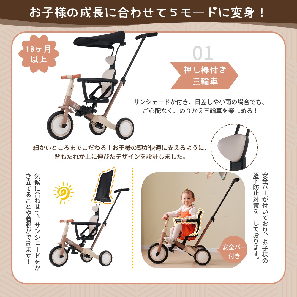 【国内急速発送】【マットグリーン】子供用三輪車オリジナル5in1自転車安全バー付き押し棒付きサンシェード付き47 【国内急速発送】【マットグリーン】子供用三輪車オリジナル5in1自転車安全バー付き押し棒付きサンシェード付き47