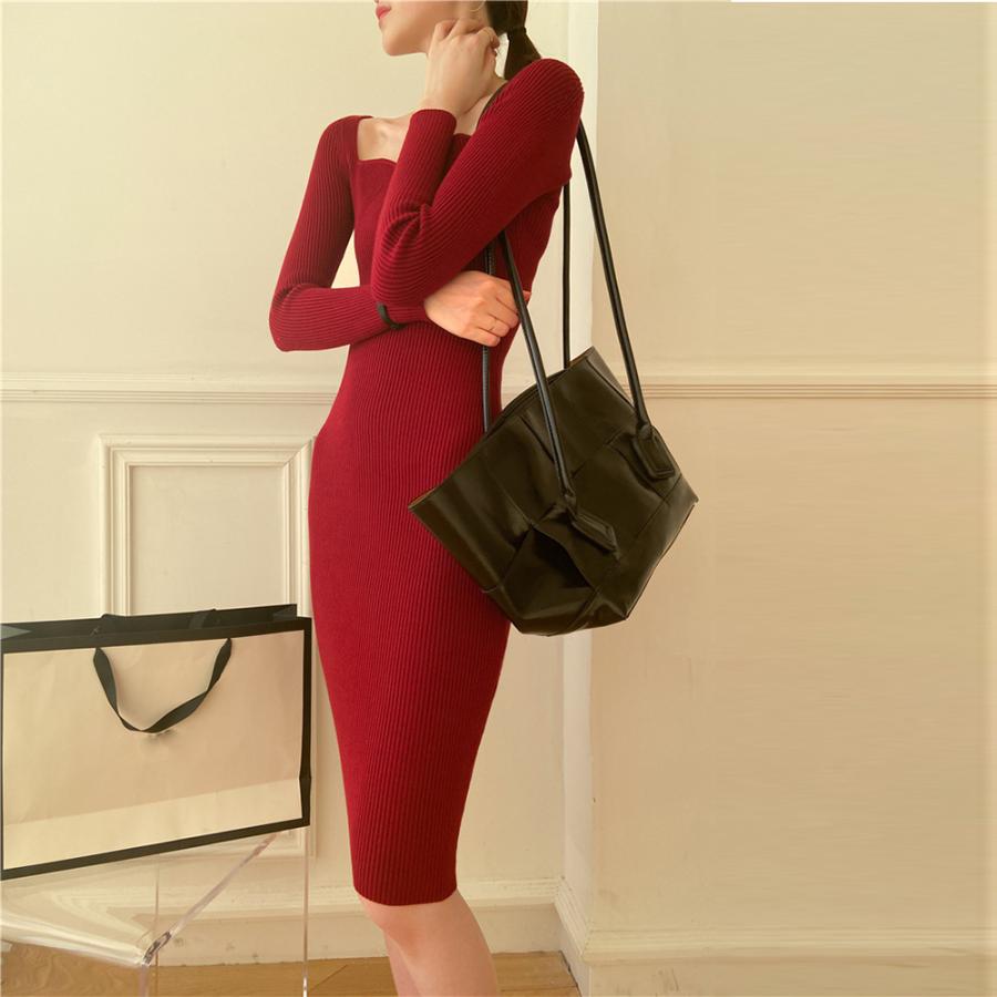 秋冬 ペンタゴンネック ニットワンピース 秋冬 ペンタゴンネック ニットワンピース